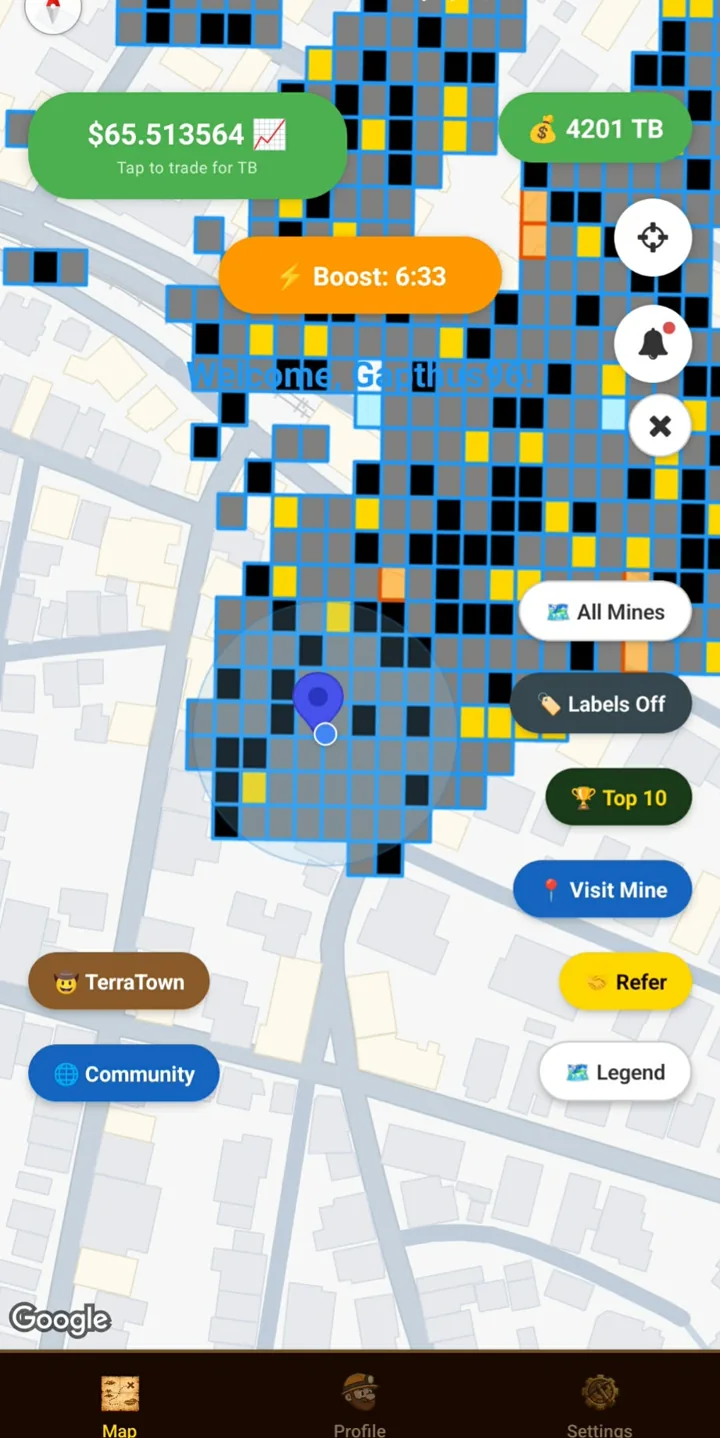 TerraMine map showing virtual mines around the player