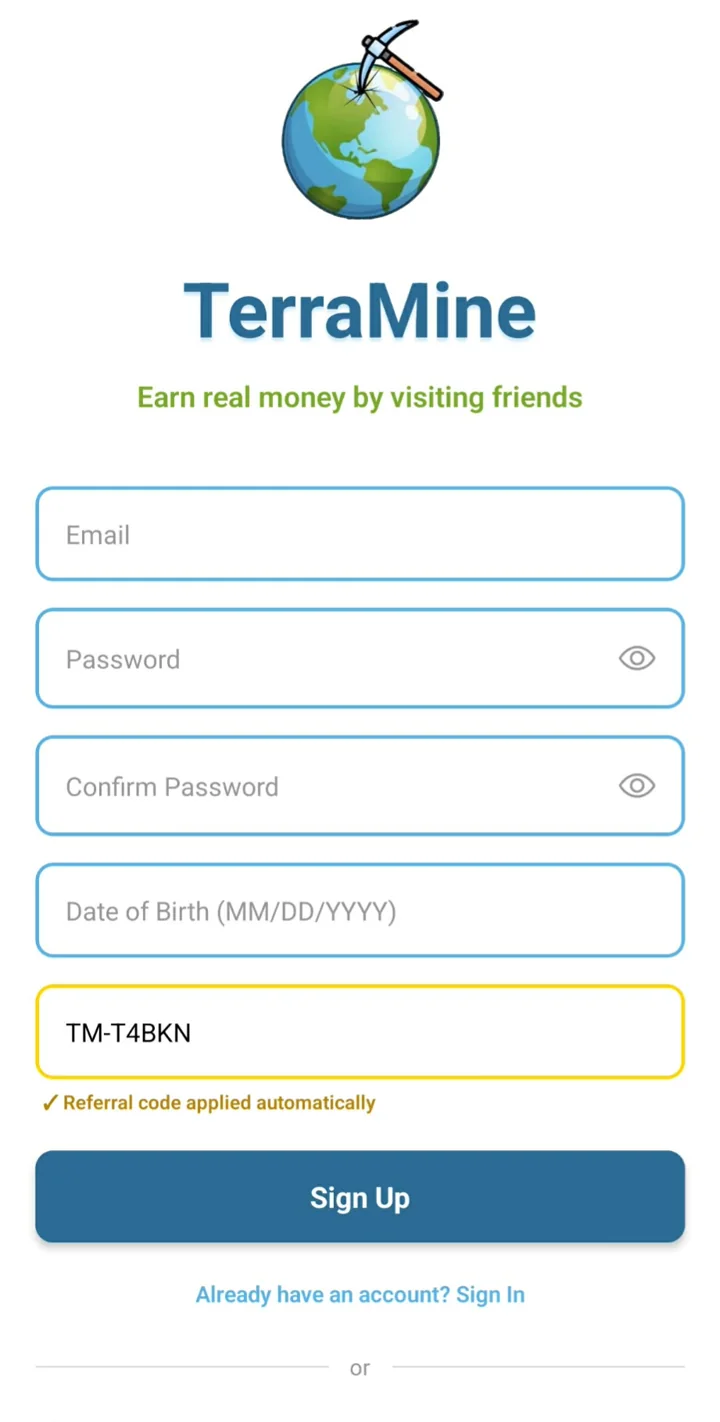 TerraMine sign-up form with referral code TM-T4BKN applied